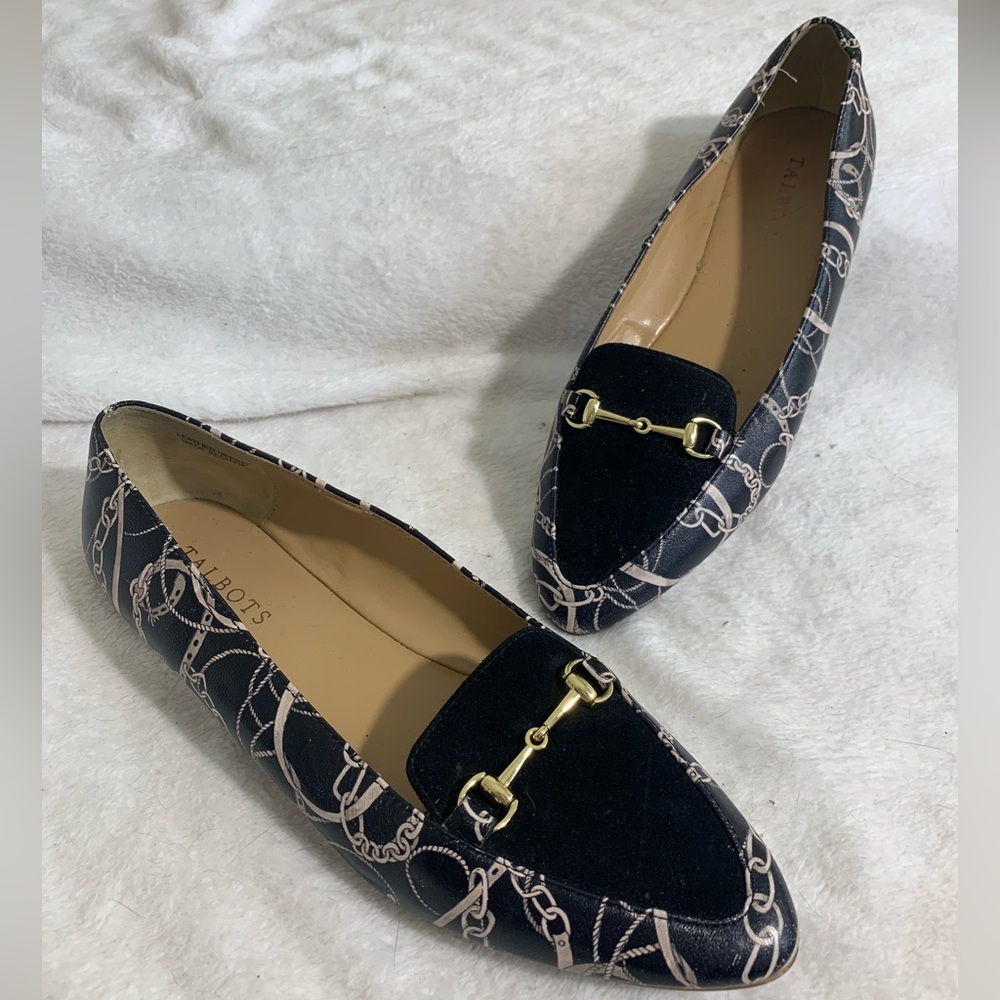 Talbots Francesca Horsebit Leather Driving Flats Black Chain Print Womens Sz 8.5